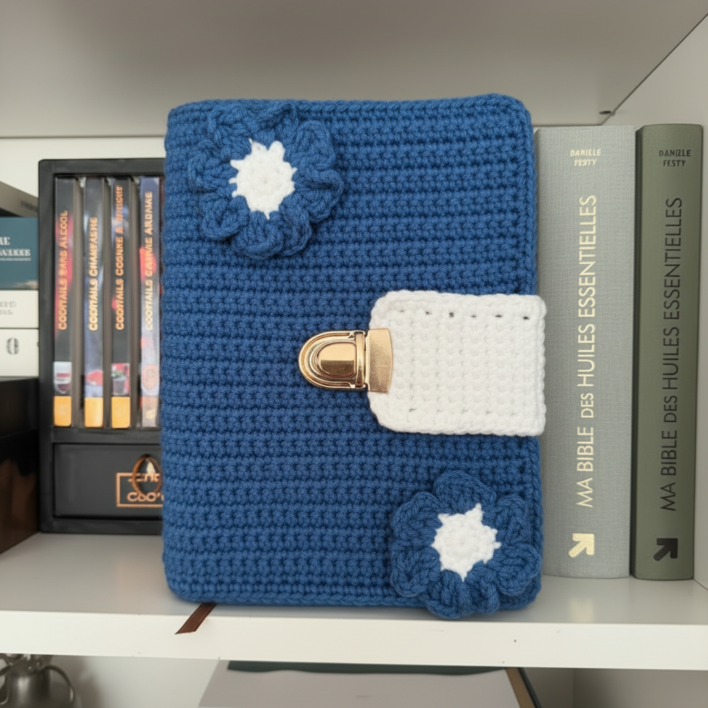 Protège-livre au crochet format moyen coloris bleu avec deux fleurs bleues