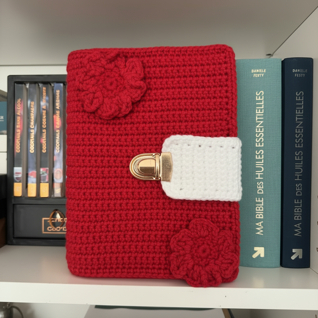 Protège-livre au crochet format moyen coloris rouge avec deux fleurs rouges